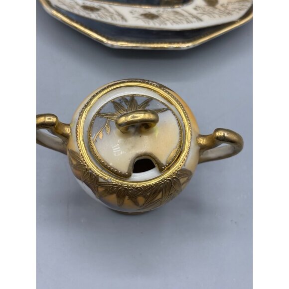 Vtg Hand Painted Japanese Porcelain Sugar Bowl Handled Saucer Set Gold Bamboo - Picture 5 of 8